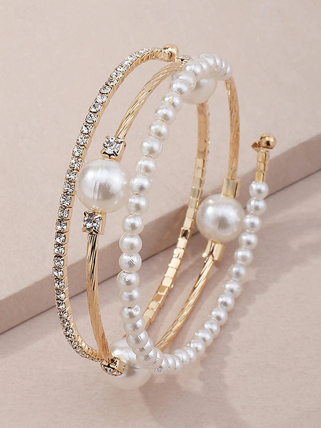 Imitation Pearl & Rhinestone Layered Bracelet