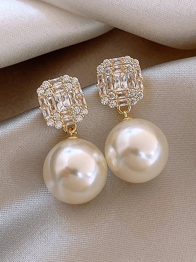 Crystal Pearl Drop Earrings – Gold Tone Statement Studs