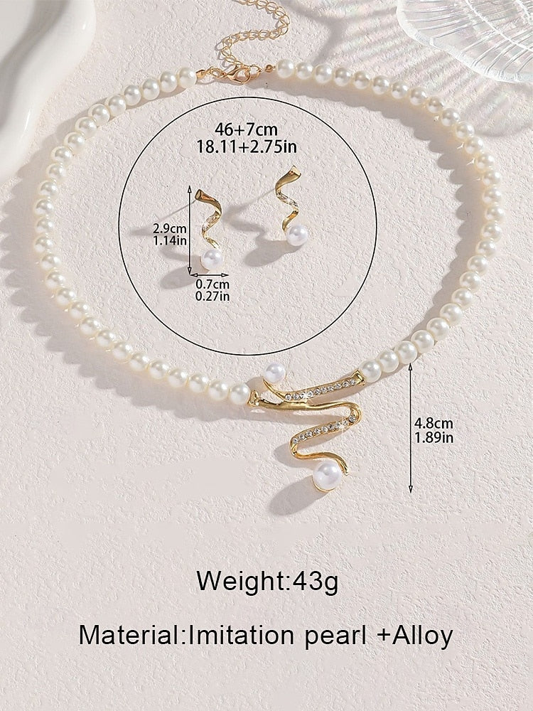 Elegant Pearl Snake Necklace & Earrings Set – Gold Luxury Statement Jewellery - Truly Yours