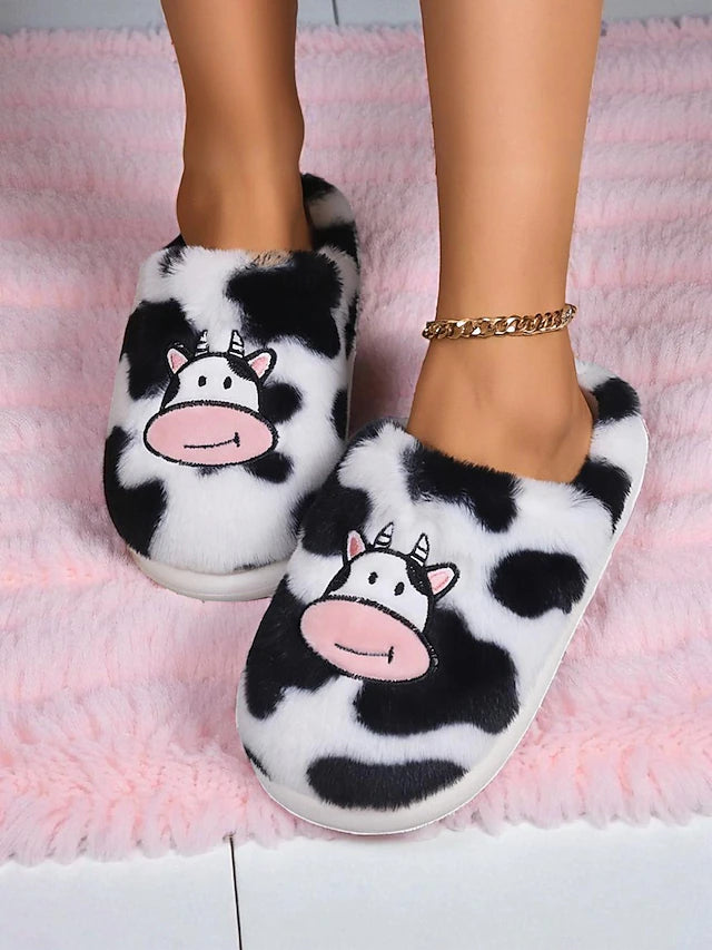 Women's Cow Print Fuzzy Slippers - Truly Yours