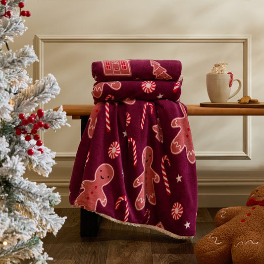Gingerbread Man Print Sherpa Fleece Throw - Burgundy
