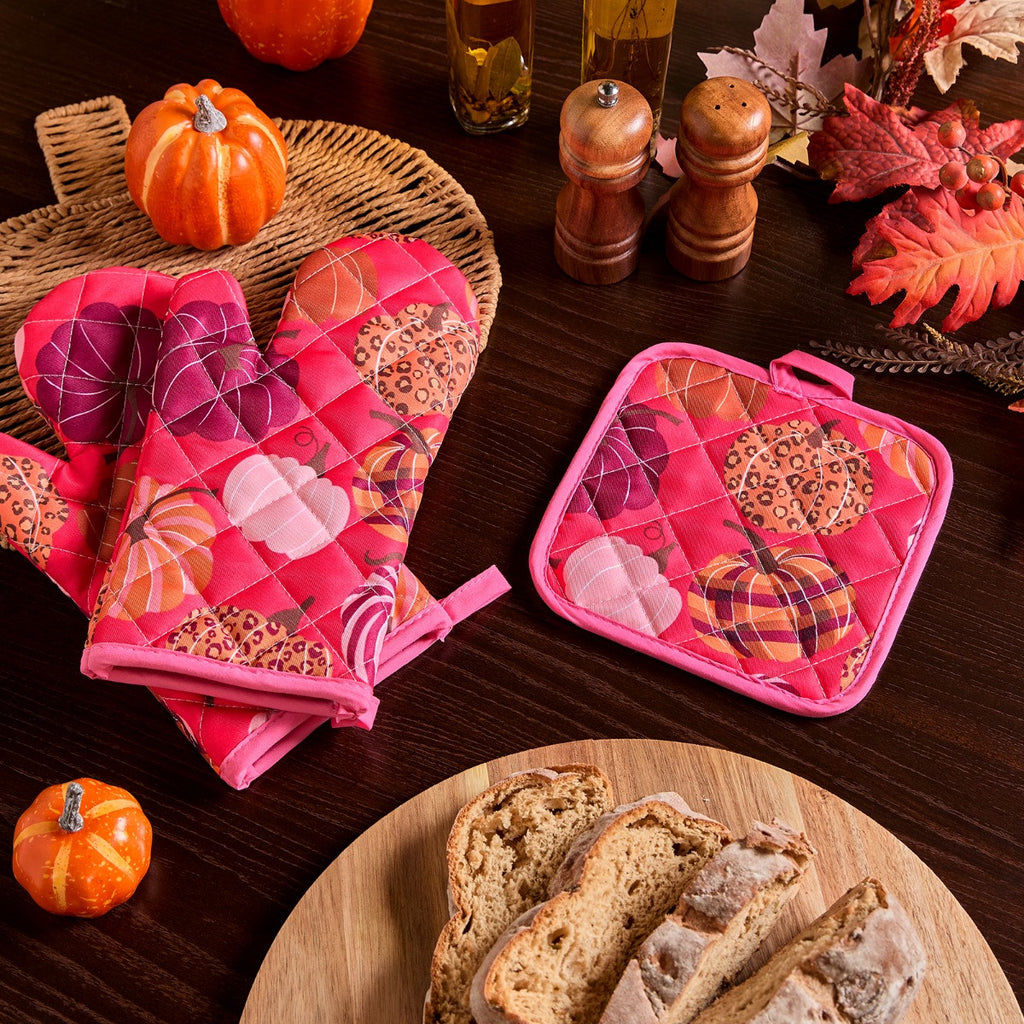 Pumpkin Print Oven Mit & Pot Stand Set - Hot Pink