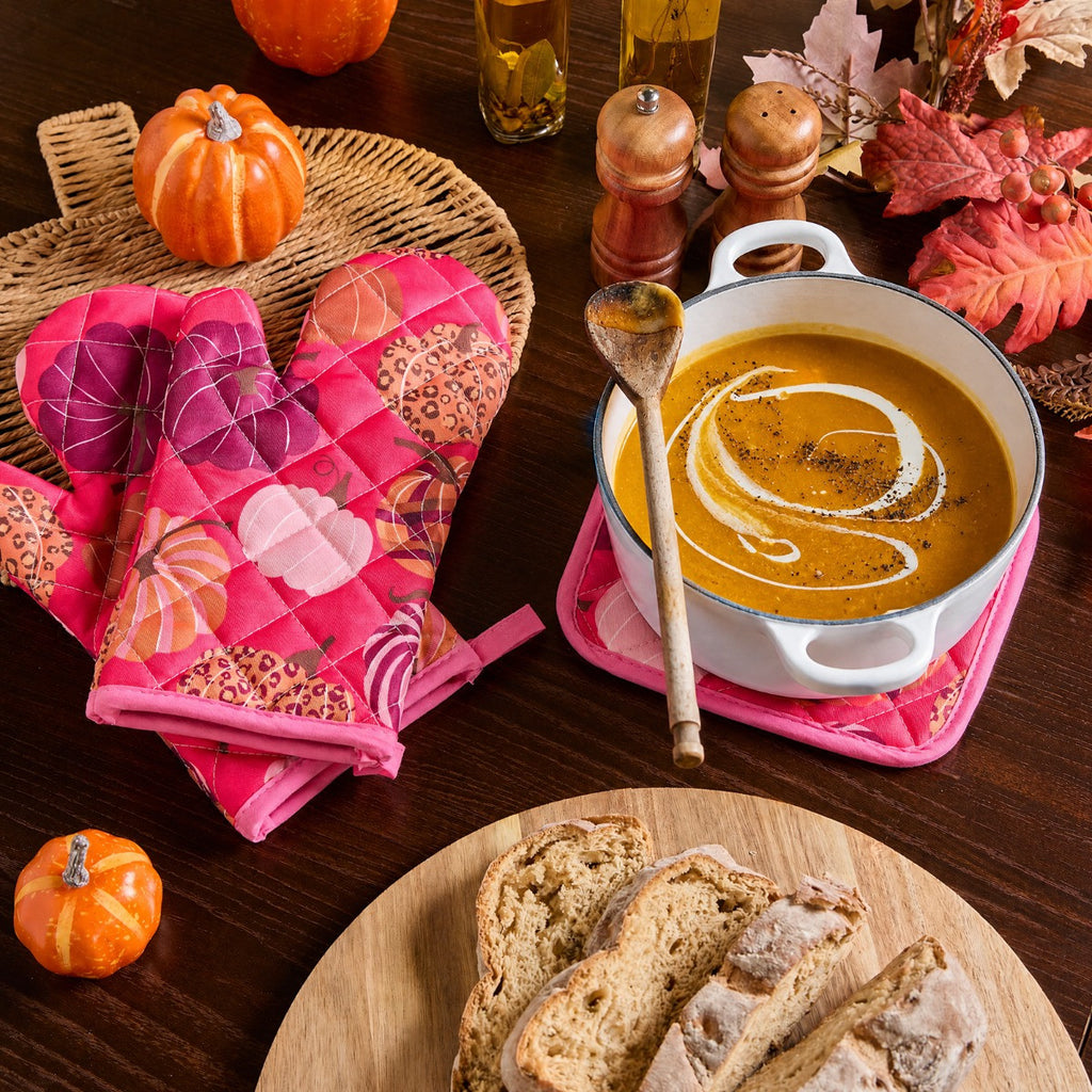 Pumpkin Print Oven Mit & Pot Stand Set - Hot Pink