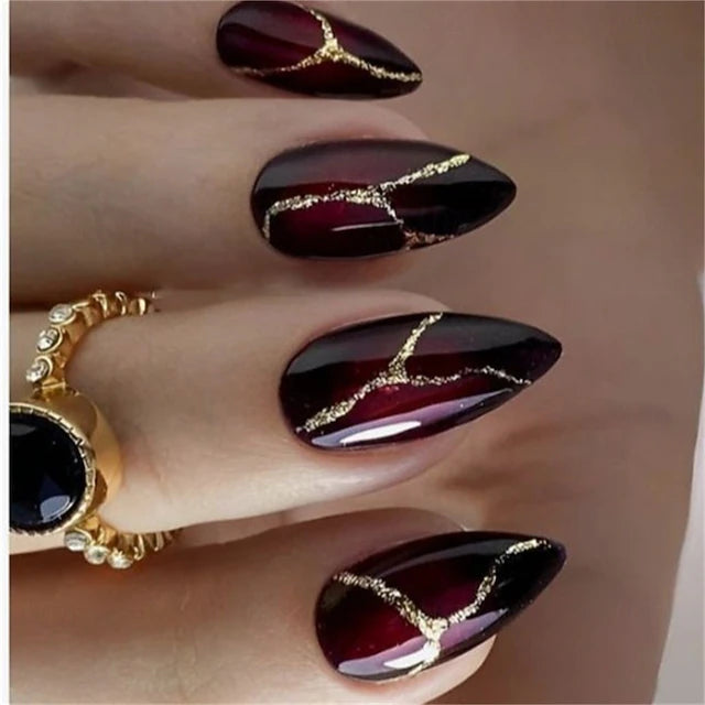24pcs Luxury Marble Press-On Nails – Elegant Glossy Black & Burgundy False Nails with Gold Line Design - Truly Yours