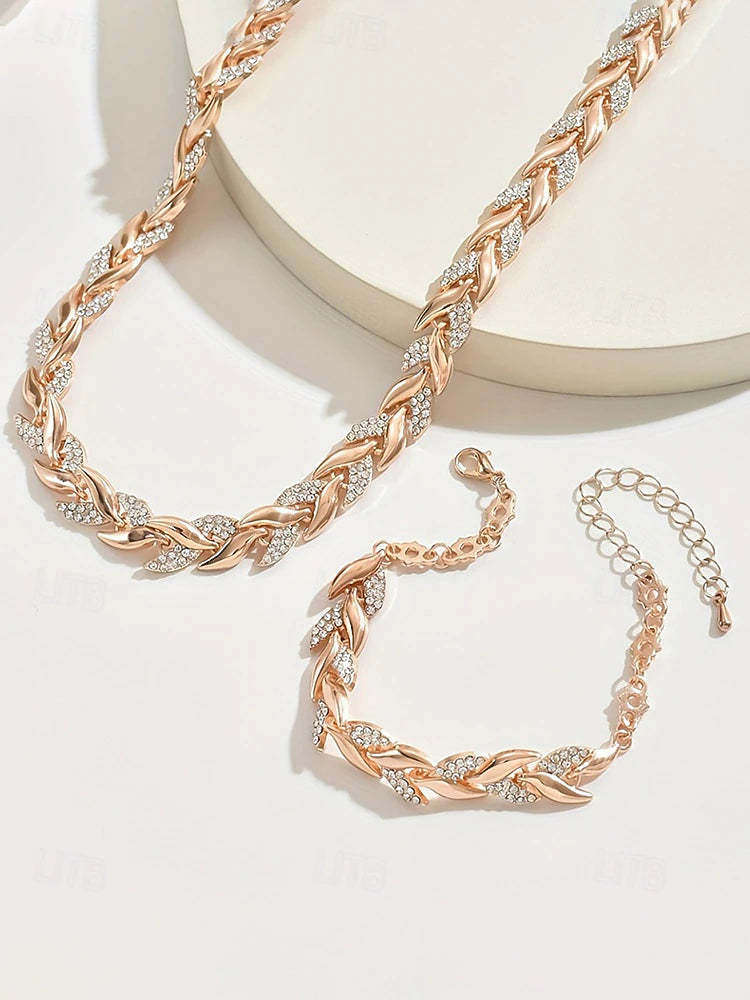 Elegant Rose Gold, silver or gold Leaf Link Necklace & Bracelet Set – Sparkling Zircon Jewellery Collection - Truly Yours