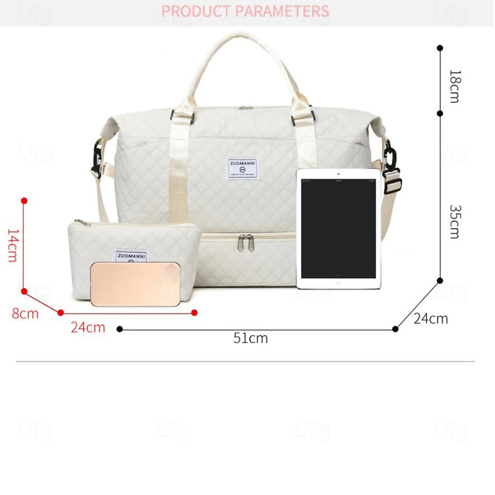 Quilted Multi-Compartment Travel & Gym Bag Set with Matching Pouch