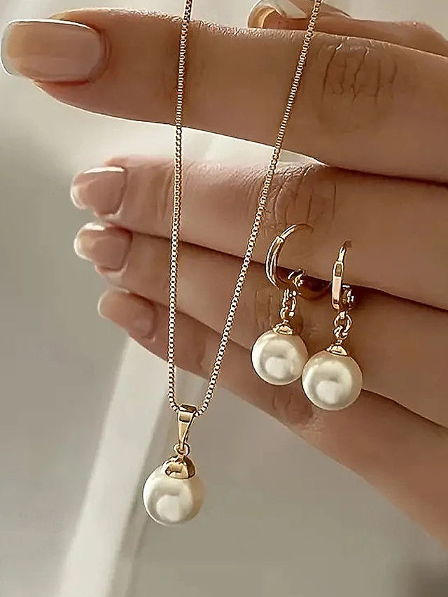 Women's Faux Pearl Necklace and Earring Set with Gold Accents