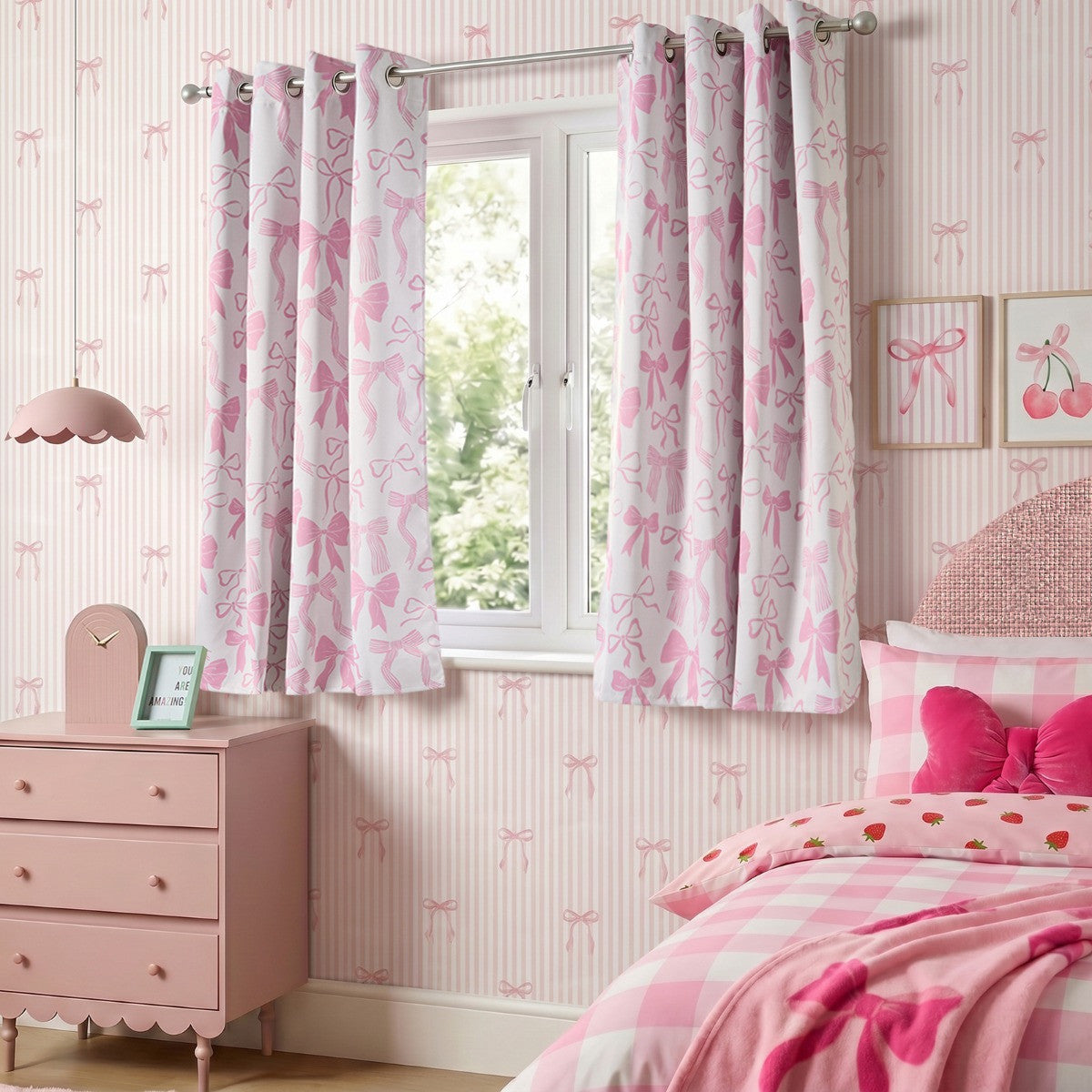 Kids Bow Blackout Curtains - Pink