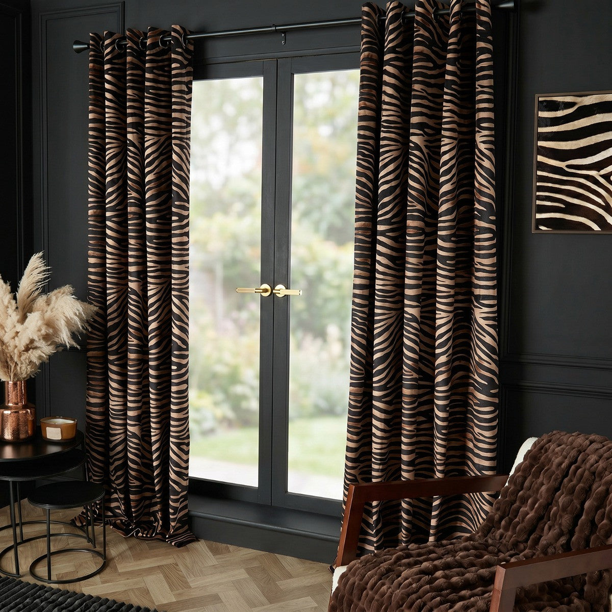 Zebra Print Eyelet Velvet Blackout Curtain - Black