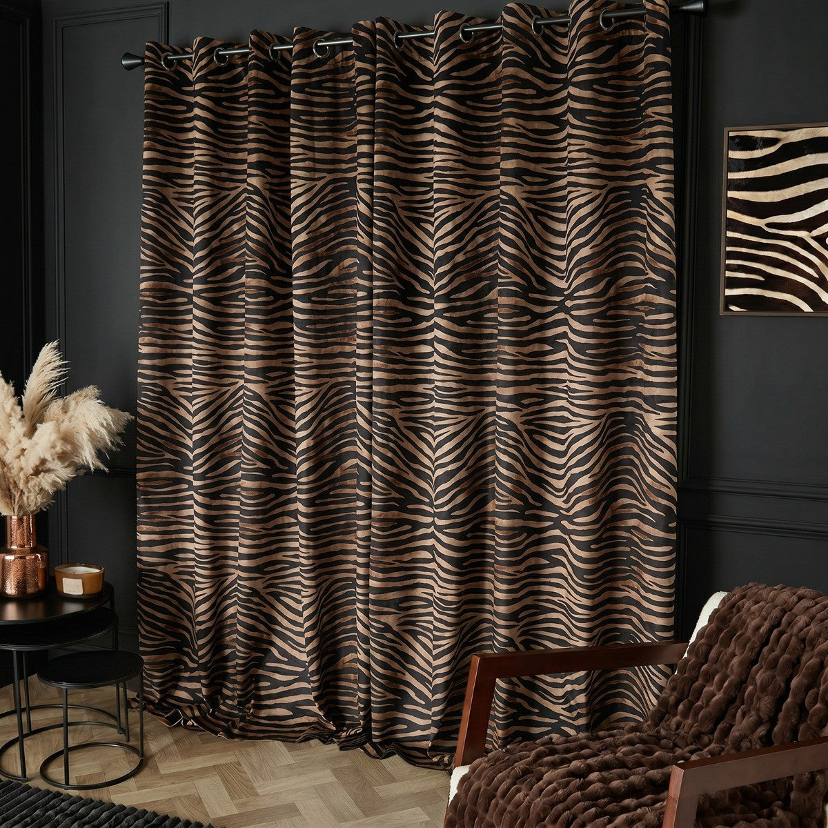 Zebra Print Eyelet Velvet Blackout Curtain - Black
