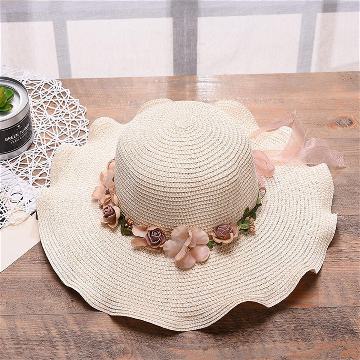 Women's Wide Brim Straw Sun Hat with Floral Decoration