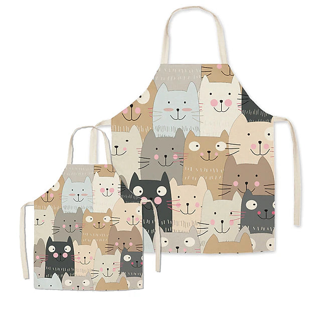 Mummy and Me Aprons Cute Cartoon Cats Printed Family